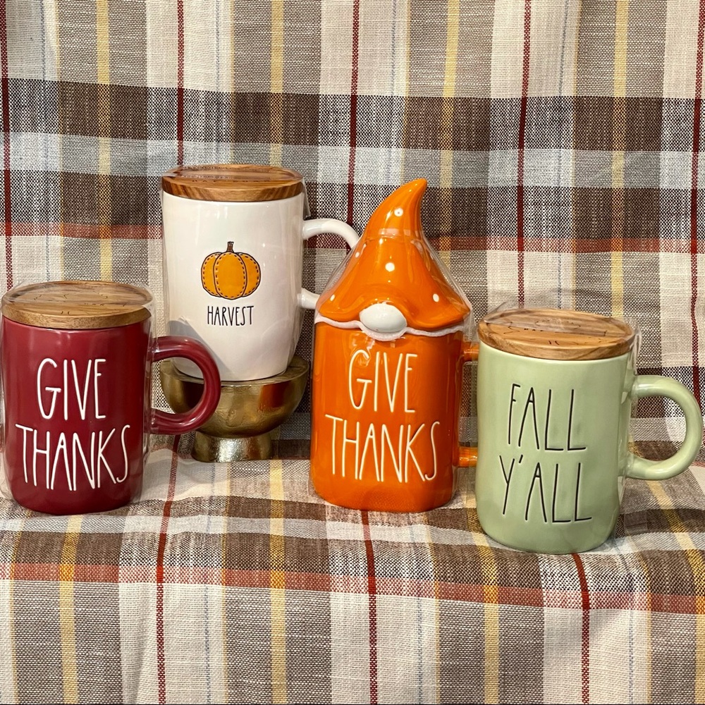 Rae Dunn Fall Set of 4 Mugs with Toppers